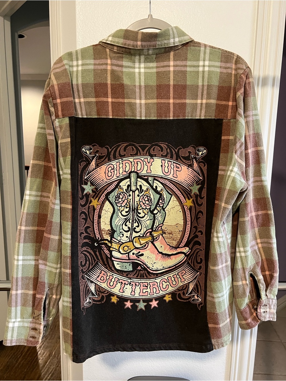 Altar'd State Brown & Sage Green Plaid Button-Down Shirt Graphic on back